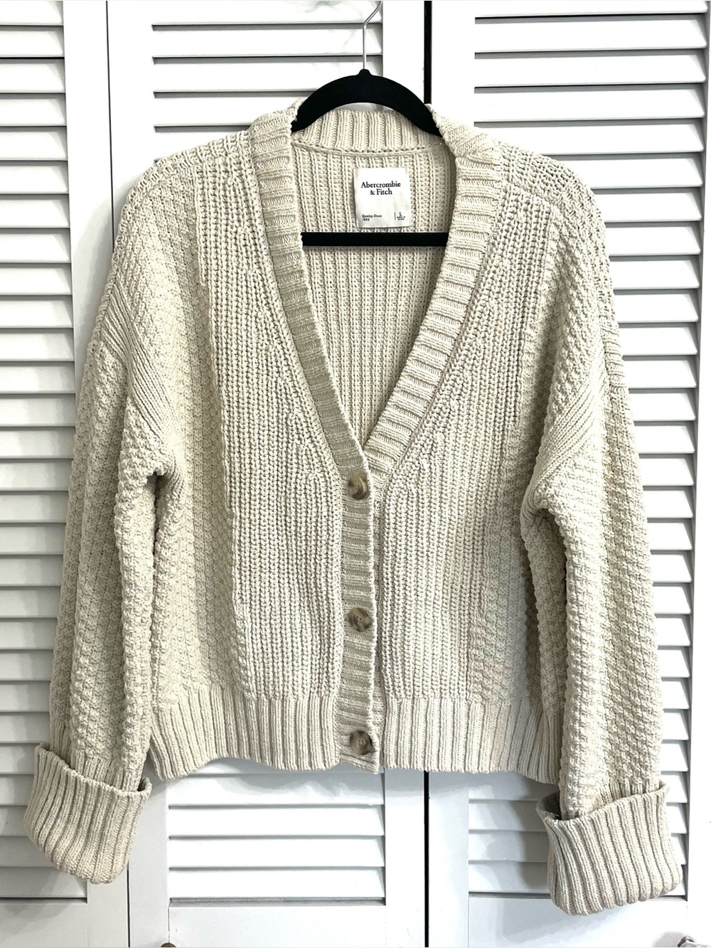 Abercrombie & Fitch Cream Button Front Cardigan Sweater Chunky Cable Knit Sz L
